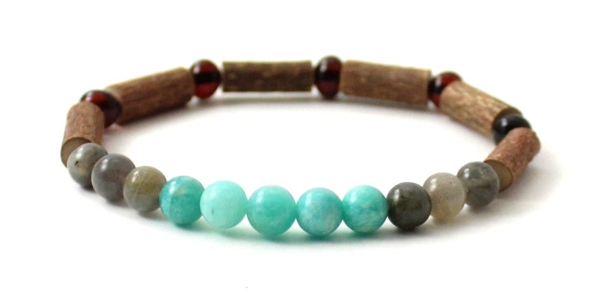 Amber Cherry Stretch Bracelet With Amazonite, Labradorite and Hazelwood