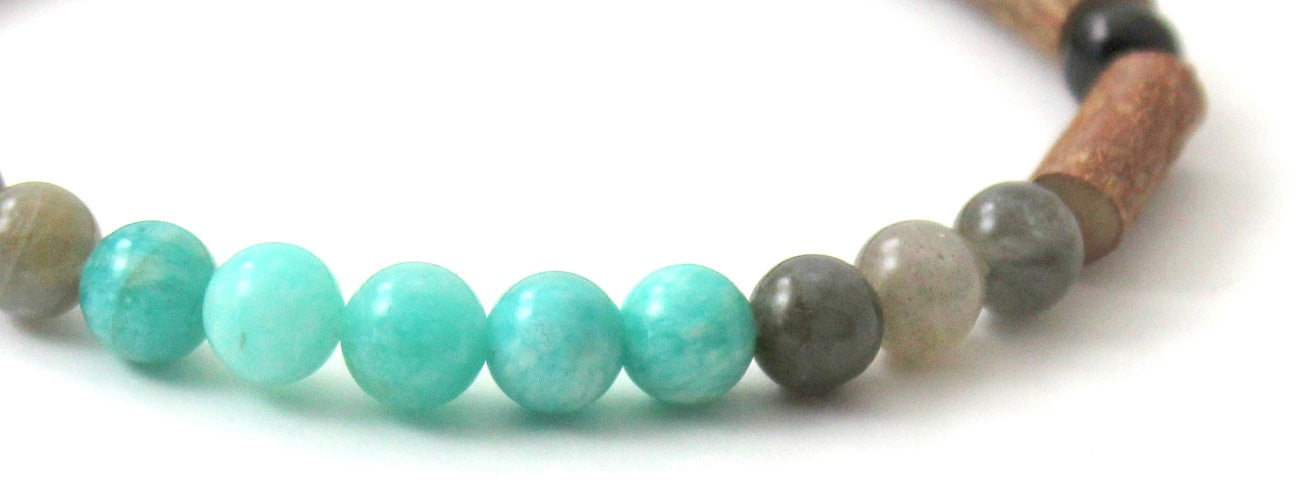 Amber Cherry Stretch Bracelet With Amazonite, Labradorite and Hazelwood