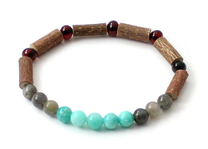 Amber Cherry Stretch Bracelet With Amazonite, Labradorite and Hazelwood