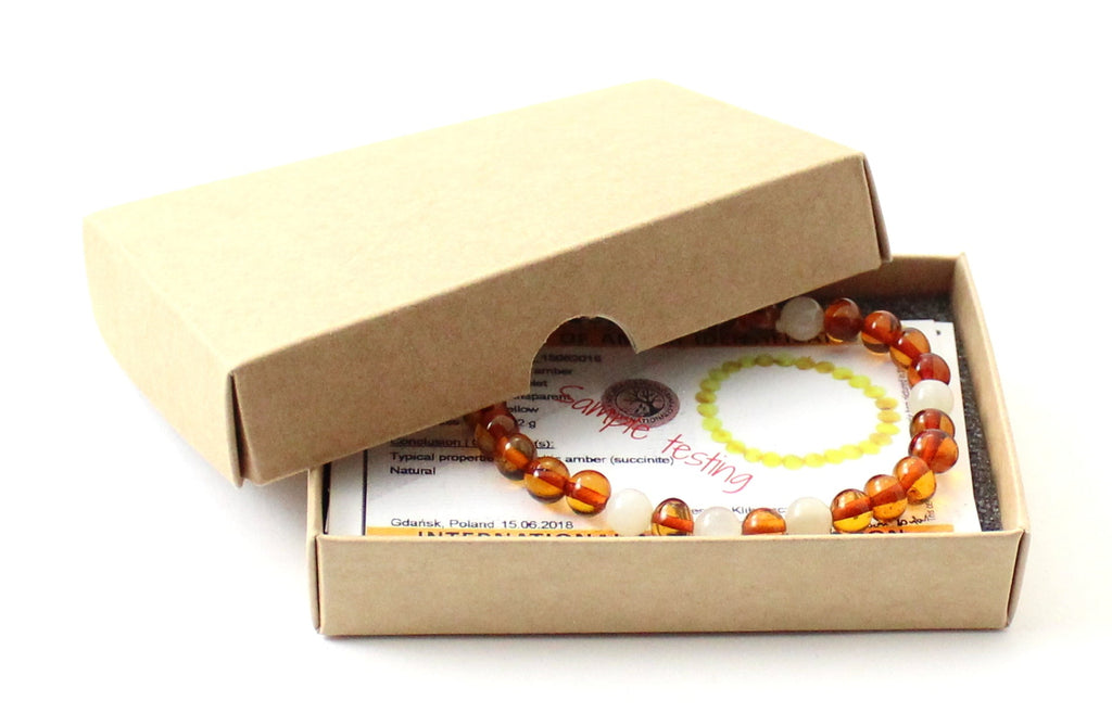 Amber Polished Cognac Baltic Stretch Bracelet With Moonstone