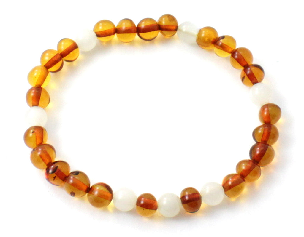 Amber Polished Cognac Baltic Stretch Bracelet With Moonstone