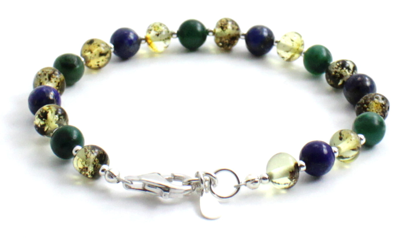 Amber Green Polished Bracelet With Silver, Jade and Lapis Lazuli