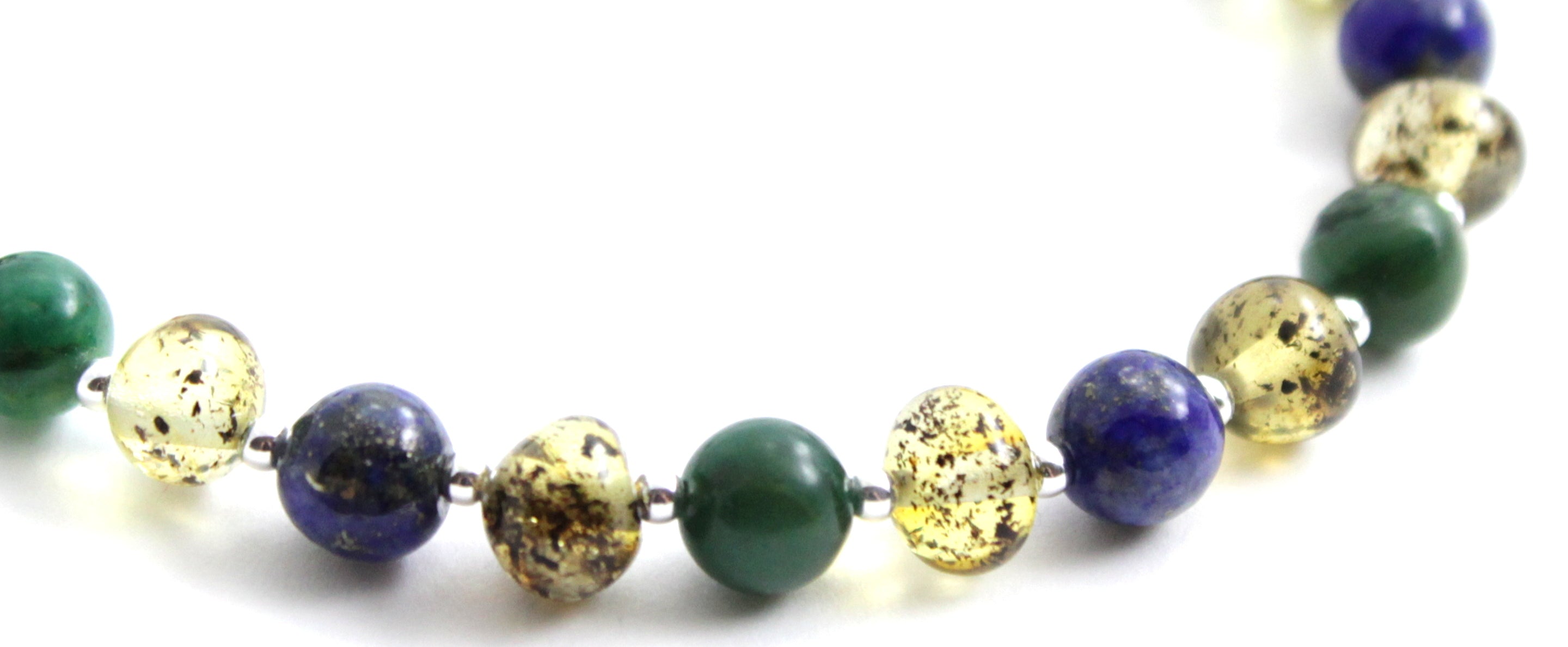 Amber Green Polished Bracelet With Silver, Jade and Lapis Lazuli