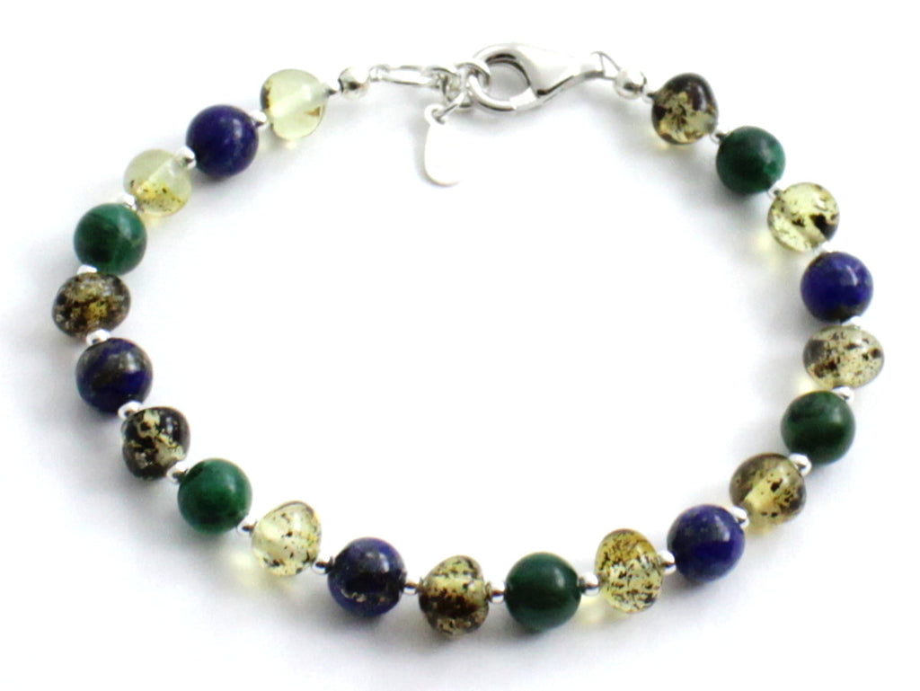 Amber Green Polished Bracelet With Silver, Jade and Lapis Lazuli