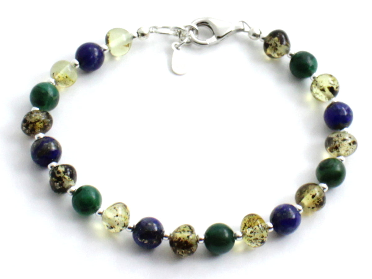 Amber Green Polished Bracelet With Silver, Jade and Lapis Lazuli