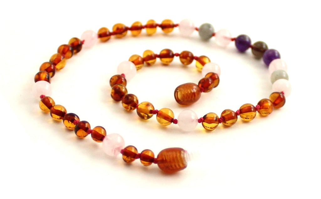 Amber Cognac Polished and Rose Quartz Necklace With Gems