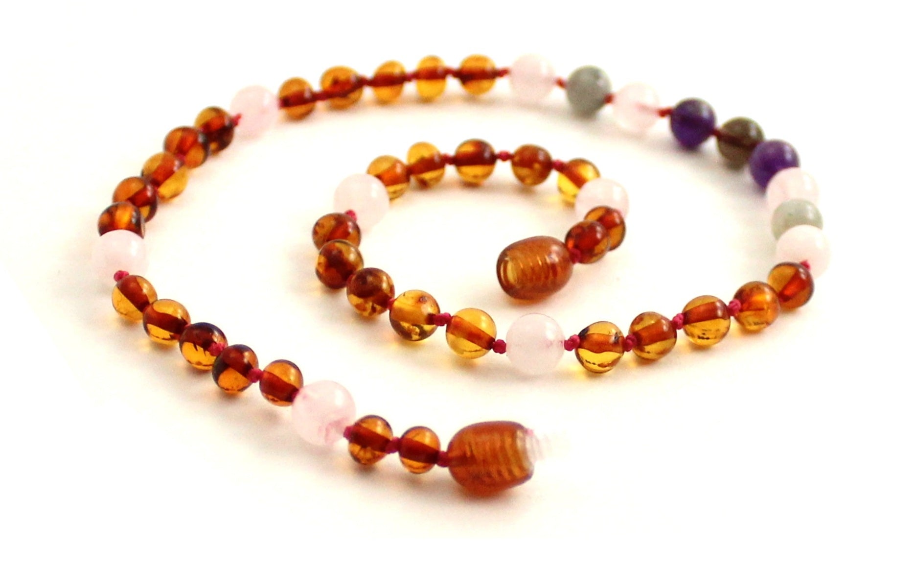 Amber Cognac Polished and Rose Quartz Necklace With Gems