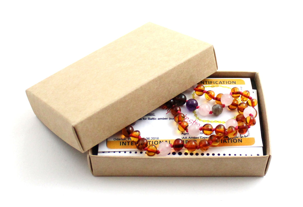 Amber Cognac Polished and Rose Quartz Necklace With Gems