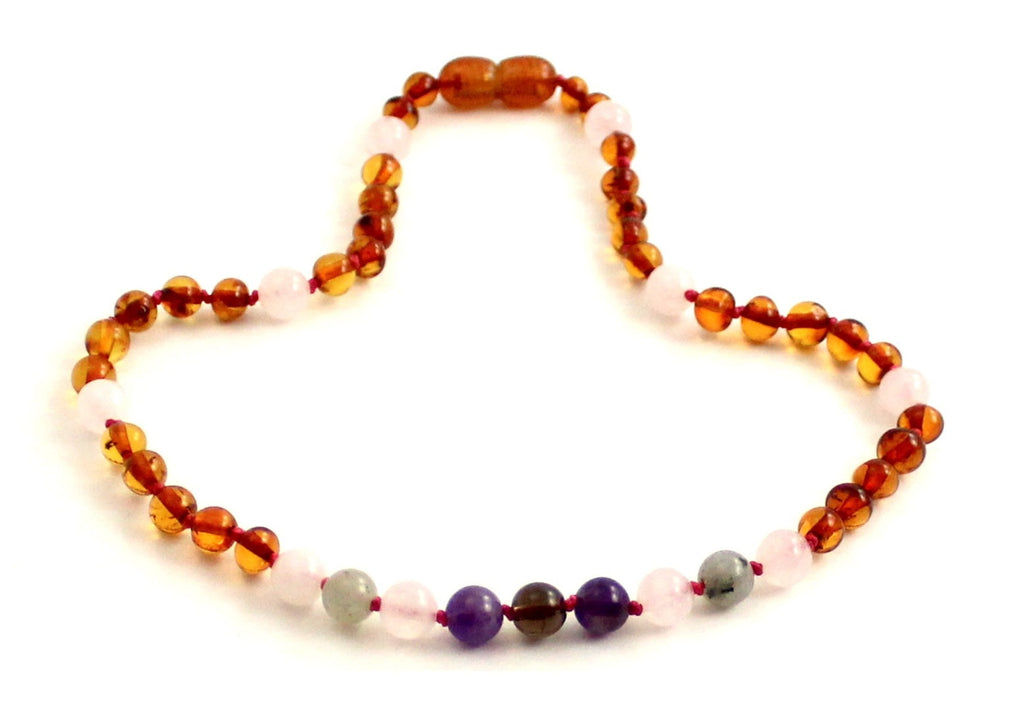 Amber Cognac Polished and Rose Quartz Necklace With Gems