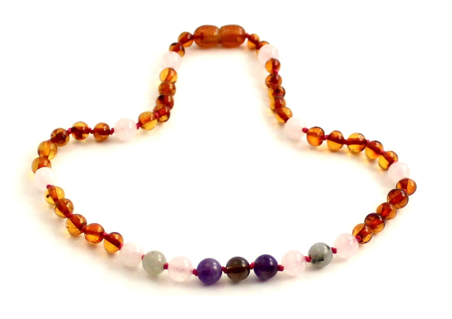 Amber Cognac Polished and Rose Quartz Necklace With Gems