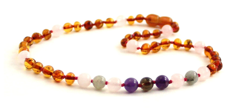 Amber Cognac Polished and Rose Quartz Necklace With Gems