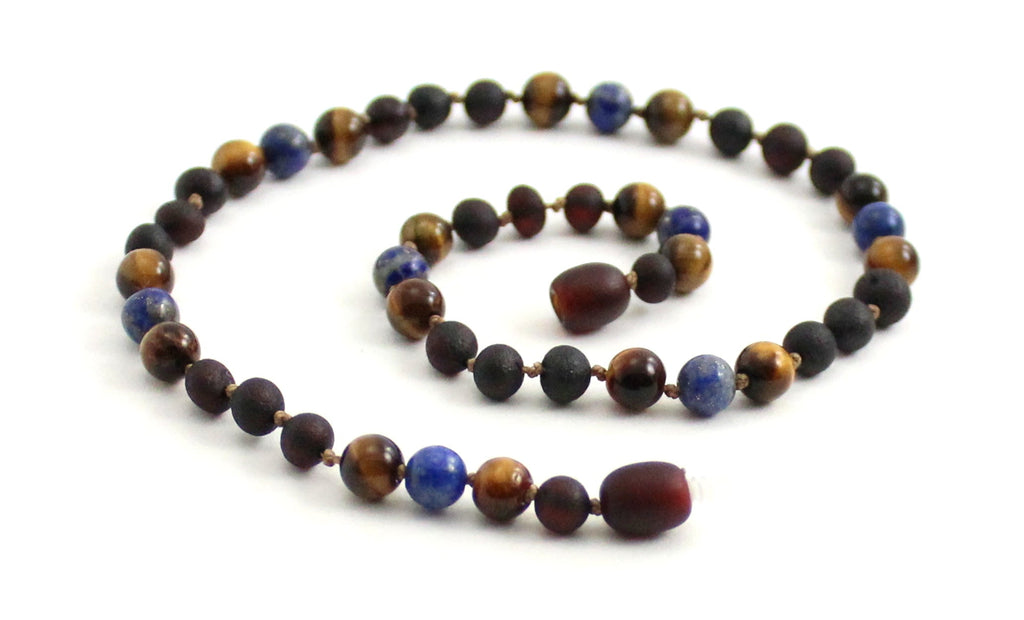 Amber Cherry Raw, Lapis Lazuli and Tiger's Eye Necklace