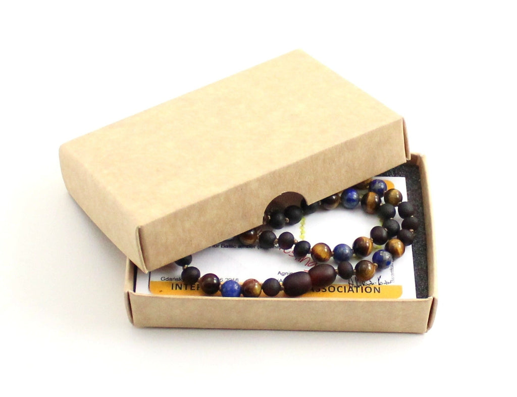 Amber Cherry Raw, Lapis Lazuli and Tiger's Eye Necklace